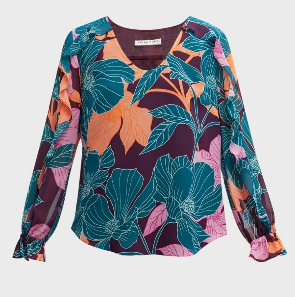 Trina Turk Tropical Owl Ruffle‎ Trim Top